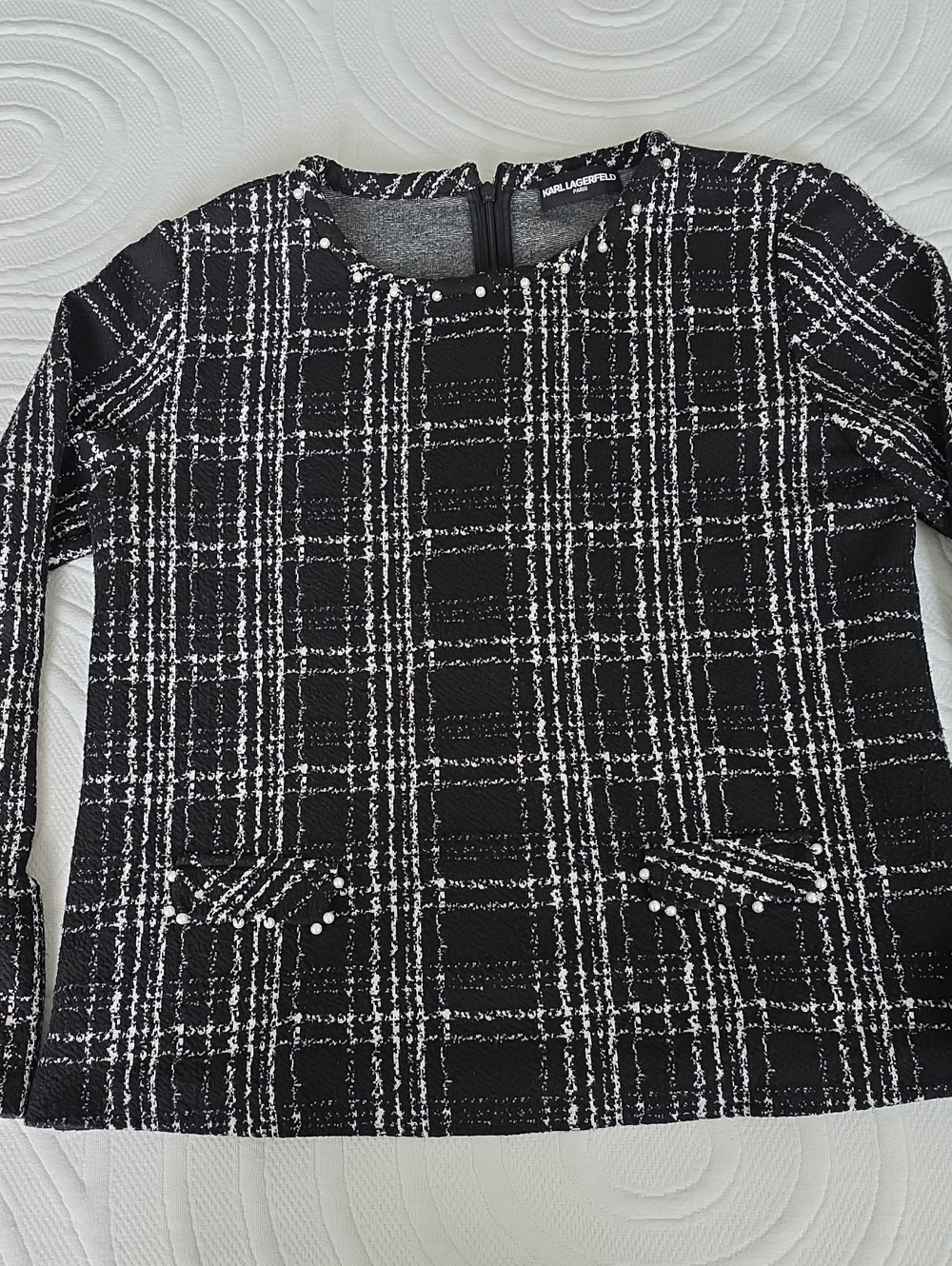 Karl Lagerfeld Black and White Plaid Tweed Patter Sweater with Pearl Studs